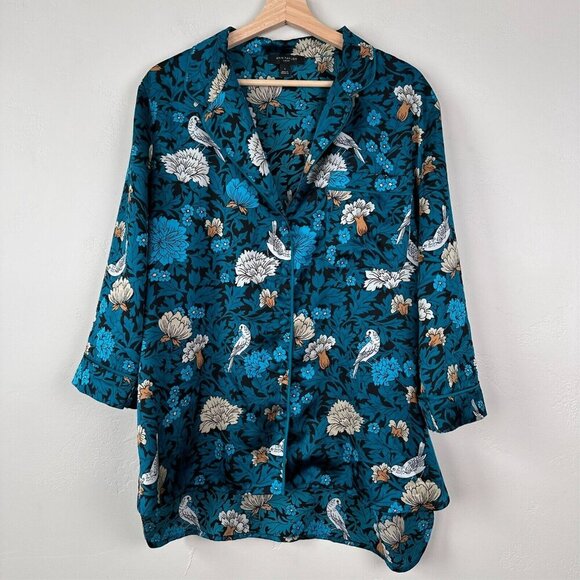 Ann Taylor Pajama Women L Blue Floral & Bird Pajama Top Pant Set Sleep - Picture 5 of 16